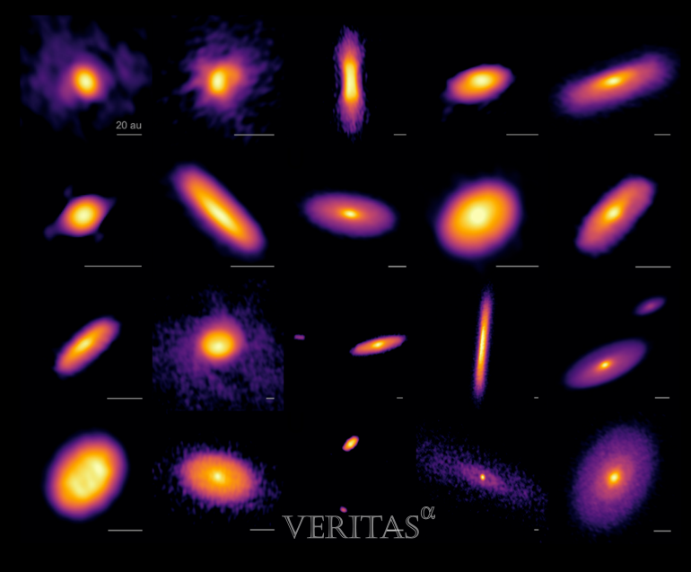 ALMA로 관측된 19개의 원시성 주위에서 발견된 원시성원반. 이 중 4개는 원시쌍성계이고 한 개의 원시쌍성계 원반은 별도로 나열됨(둘째 줄 맨 오른쪽과 세째 줄 맨 왼쪽의 원시성원반). 첫째 줄 왼쪽부터 진화 단계 순으로 나열돼 있으며, 이 중 가장 오래된 원시성원반에서만 희미하게 내부구조가 보인다.  짧은 막대는 20 au를 나타낸다. 1 au는 태양에서 지구까지의 평균거리. Credit: ALMA (ESO/NAOJ/NRAO), N. Ohashi et al. 교수./사진=서울대 제공